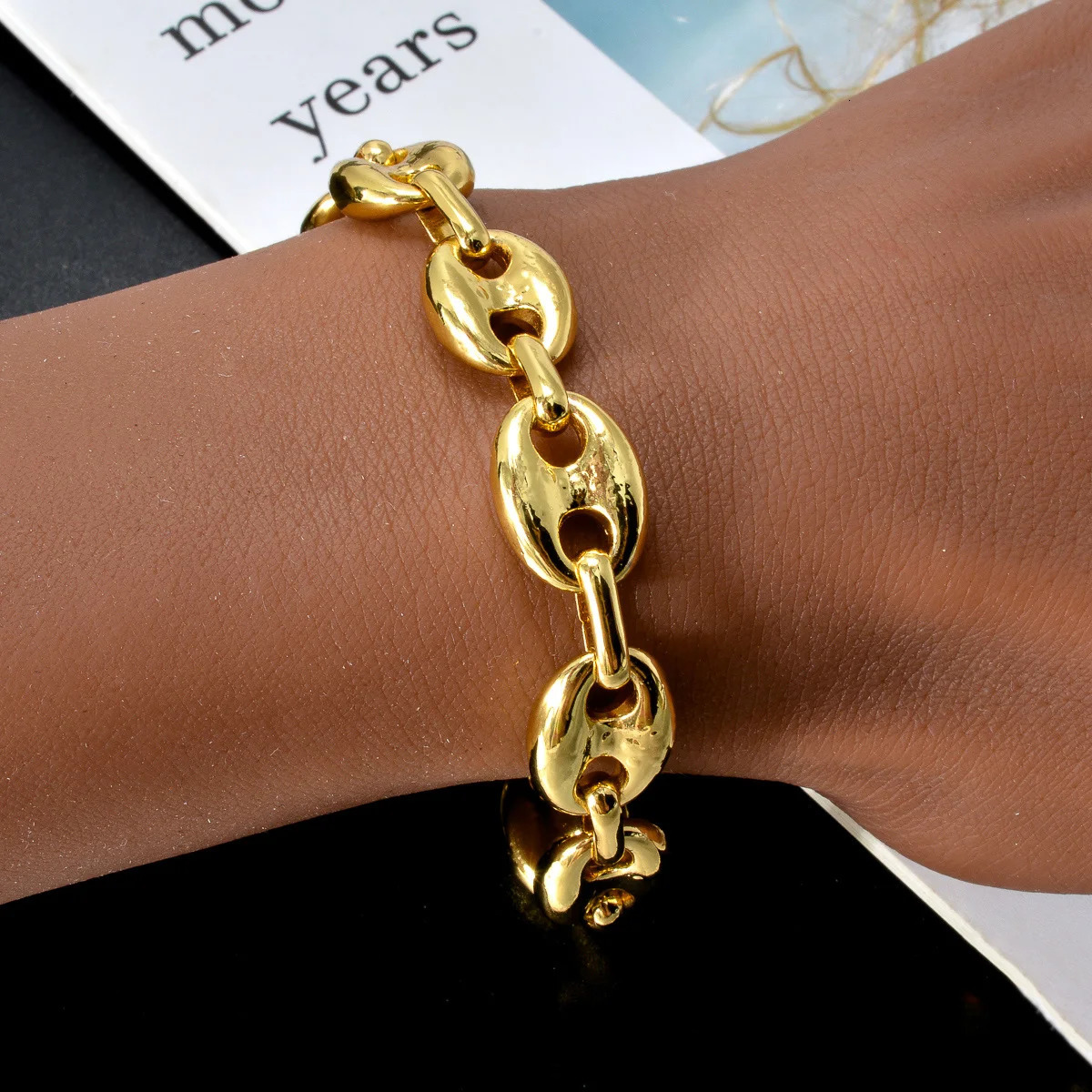 18K Gold Plated Copper Coffee Bean Link Chain Necklace Earring Bracelet 3Pcs/Set Jewelry Punk Hip Hop Street Style 2024 250306