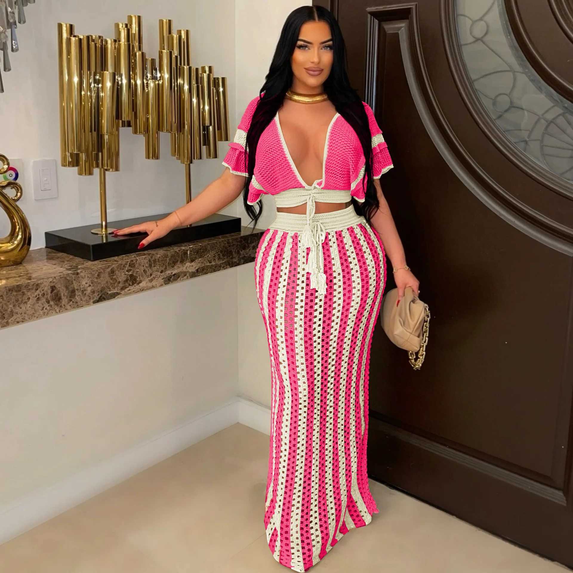 Two Piece Dress 2025 New Summer Vacation Outfits Striped Knitted Dr Sets Hollow Out Long Skirts With V-Neck Short Slve Crop Tops for Women Y2503156QVU