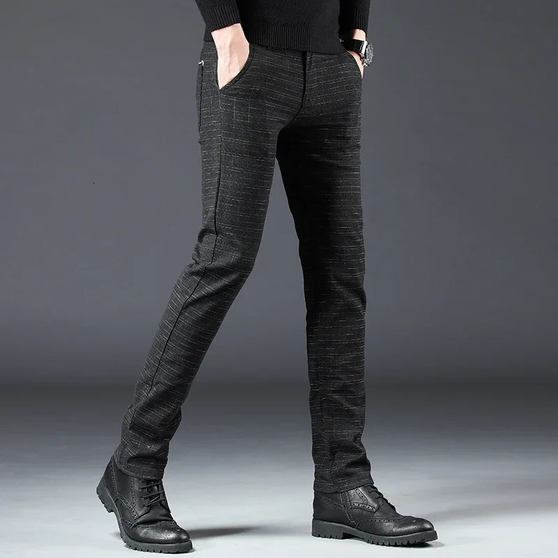 Autumn Winter Mens Brushed Slim Pants Cotton Linen Elastic Small Straight Plaid Business Casual Black Male Trousers 250311