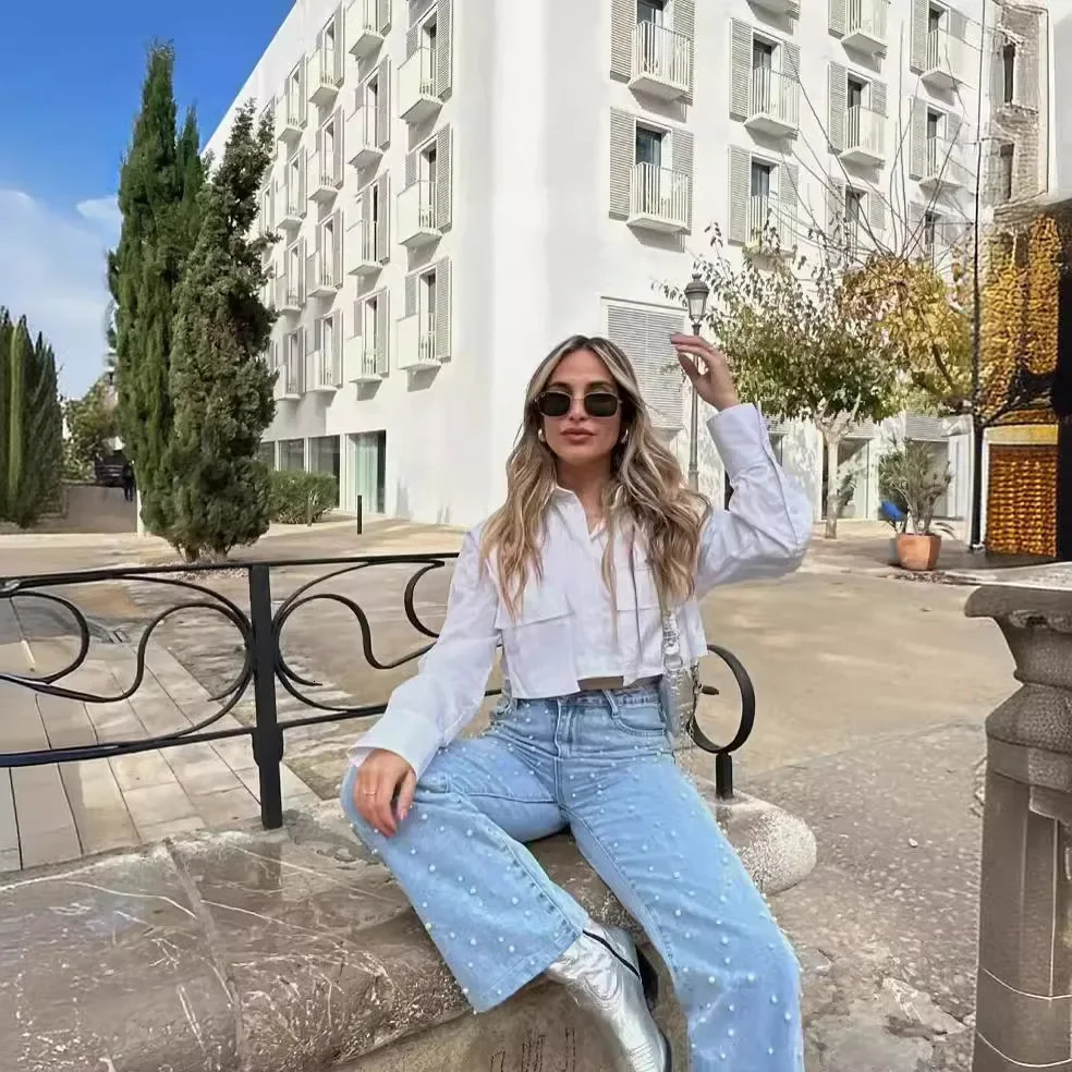 ZAWomens Summer Arrival FourColor Pocket Decorated Cropped Long Sleeve Shirt Trendy Knitted Fabric CrossBorder Trade 250312