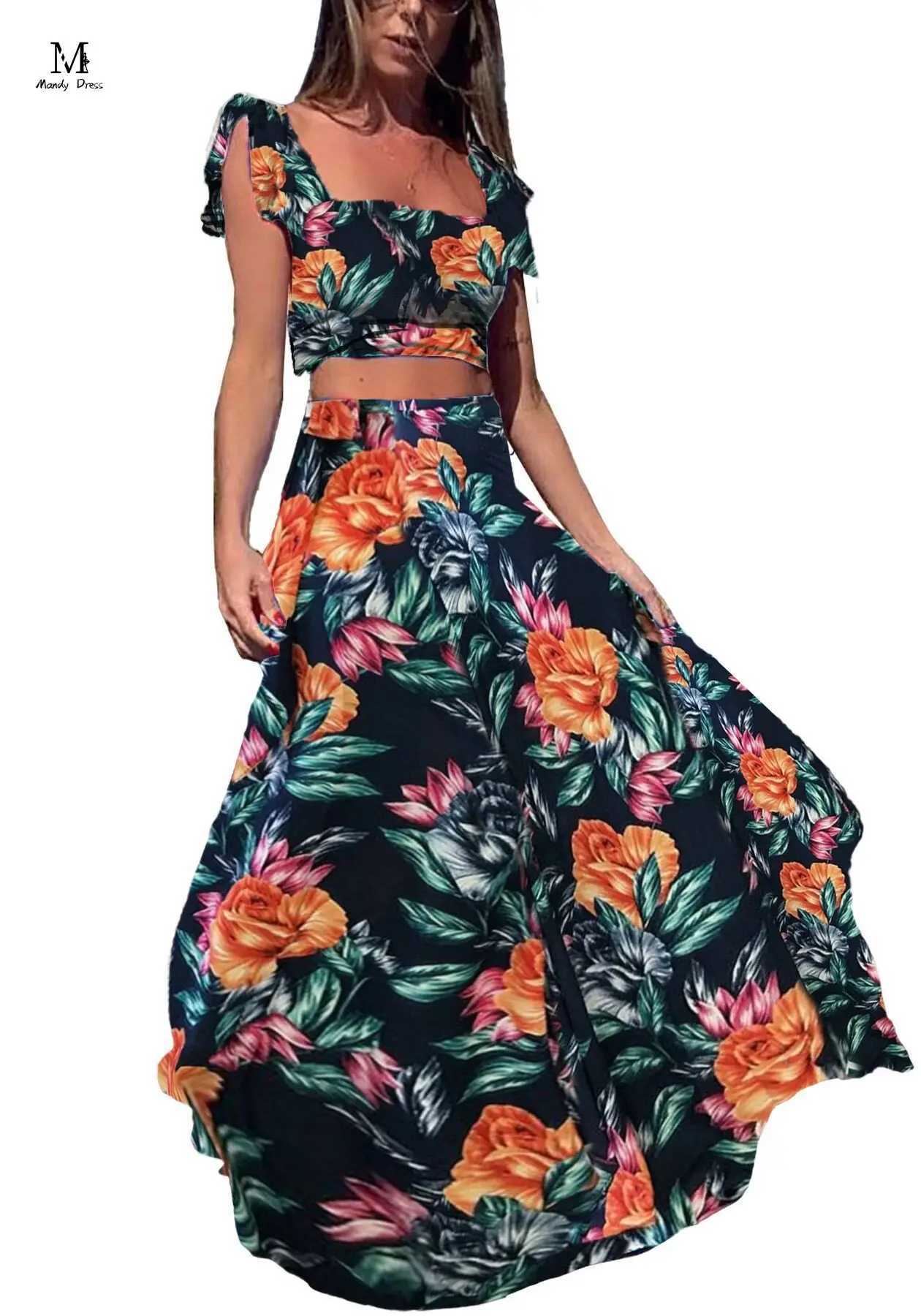 Two Piece Dress Elegant womens two-piece skiing set with floral print vest ultra-thin suitable for beach wear summer casual bohemian style 2-piece set