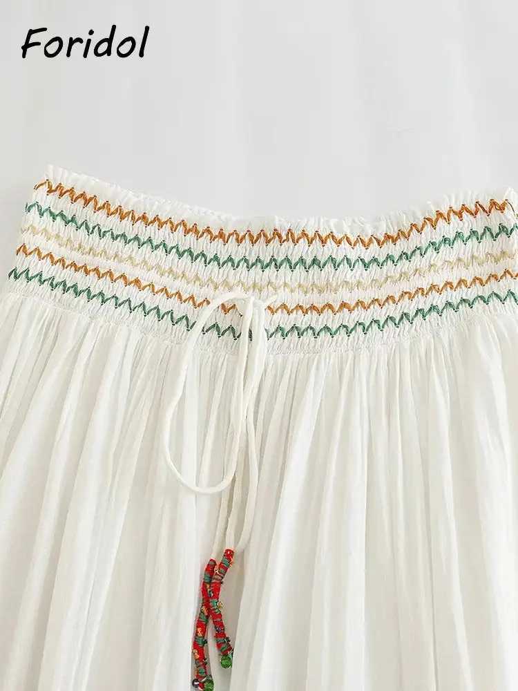 Two Piece Dress Foridol Marine Organism Embroidery Batwing Slve Summer Spring Maxi Skirt Set Cotton White Tassle Dr Set Outfits Button Suit Y250315OYS