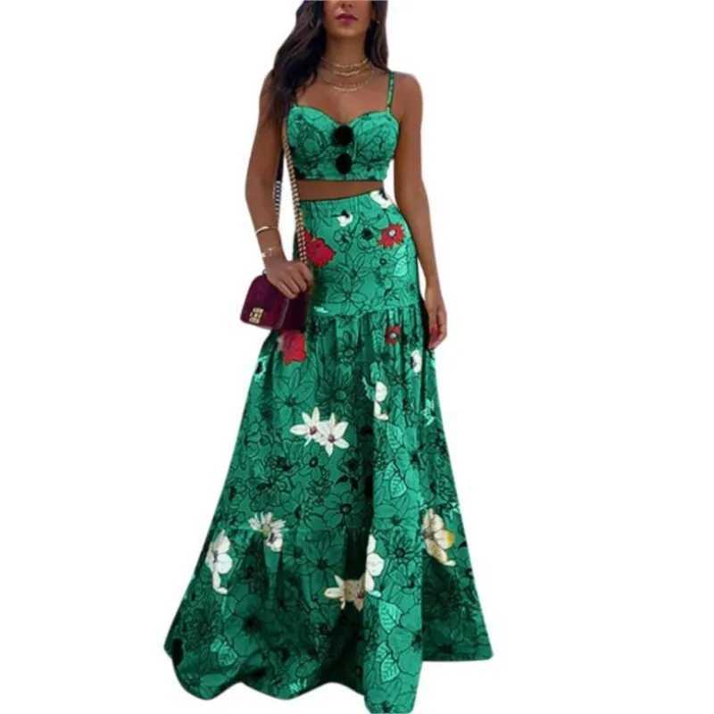 Two Piece Dress 2-piece/set beach crop top Skirt set with colorful printed spaghetti shoulder straps and floor length Slvel womens tank top Skirt set 