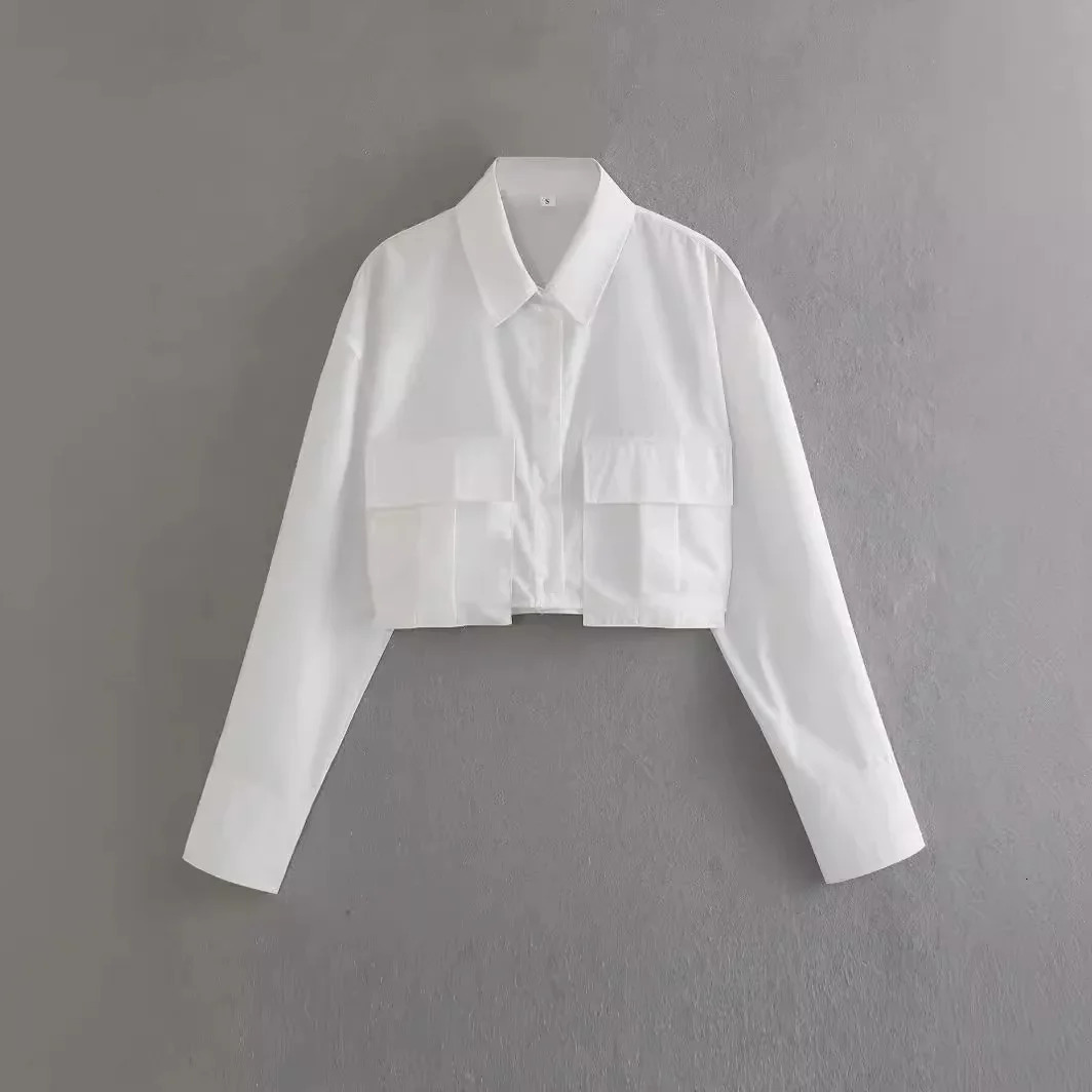 ZAWomens Summer Arrival FourColor Pocket Decorated Cropped Long Sleeve Shirt Trendy Knitted Fabric CrossBorder Trade 250312
