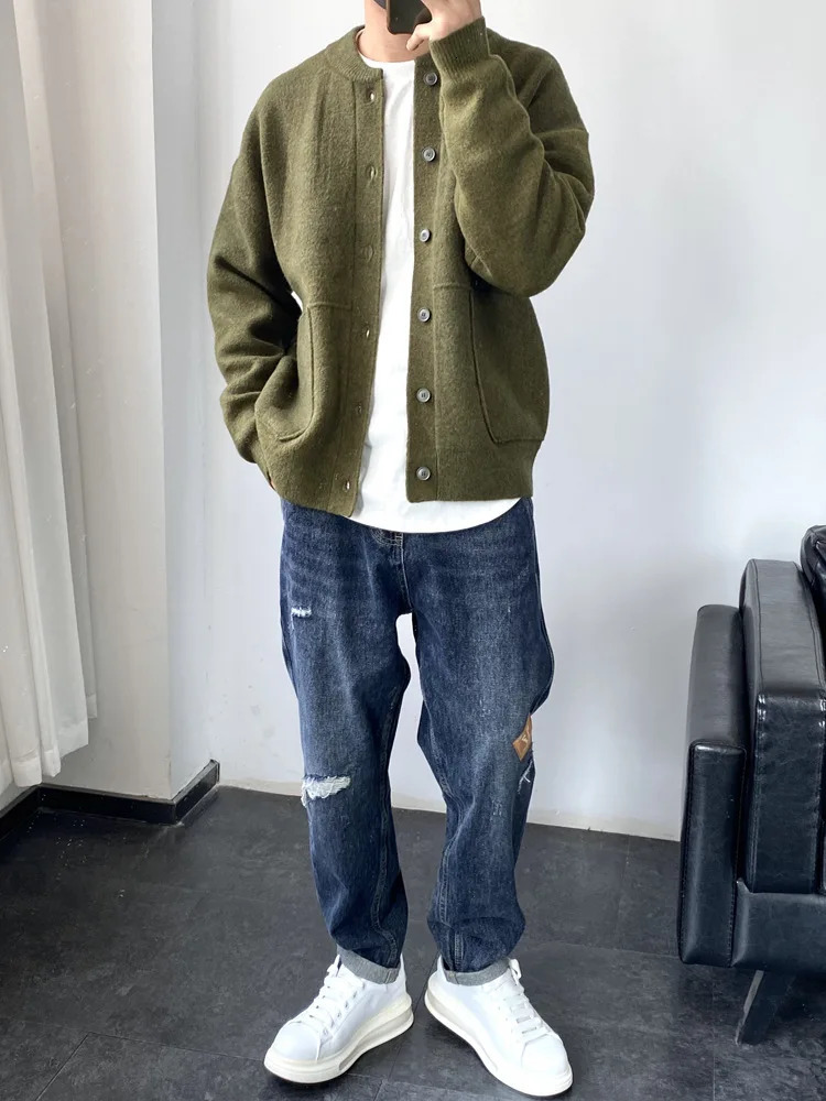 2023 Spring Light Fashion Cardigan Men Knitted Sweater Round Neck Jacket Loose Coat Boutique DressSimpleStyle 250311