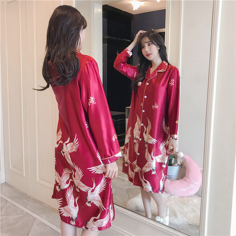 B354-Sexy pajamas for women in summer with a collar and ice silk suspenders, mid-length, spring and autumn, small chest, thin style