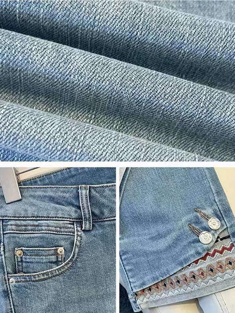2025 New Women's Spring/Summer Bohemian Style Exquisite Embroidery and Ankle Denim Pants Designer Fashionable Retro High Waist Slimming Blue Drai