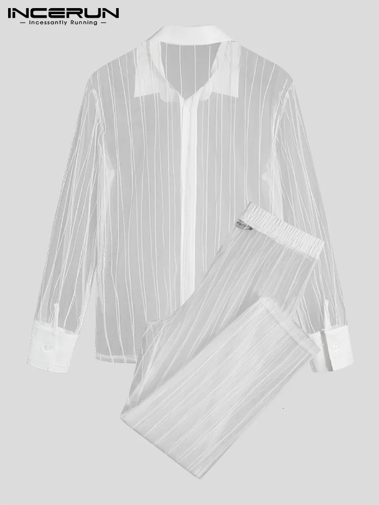 Fashion mens mesh patch work transparent sexy lapel long sleeved shirt and pants streetwear mens two-piece set INCERUN 250314