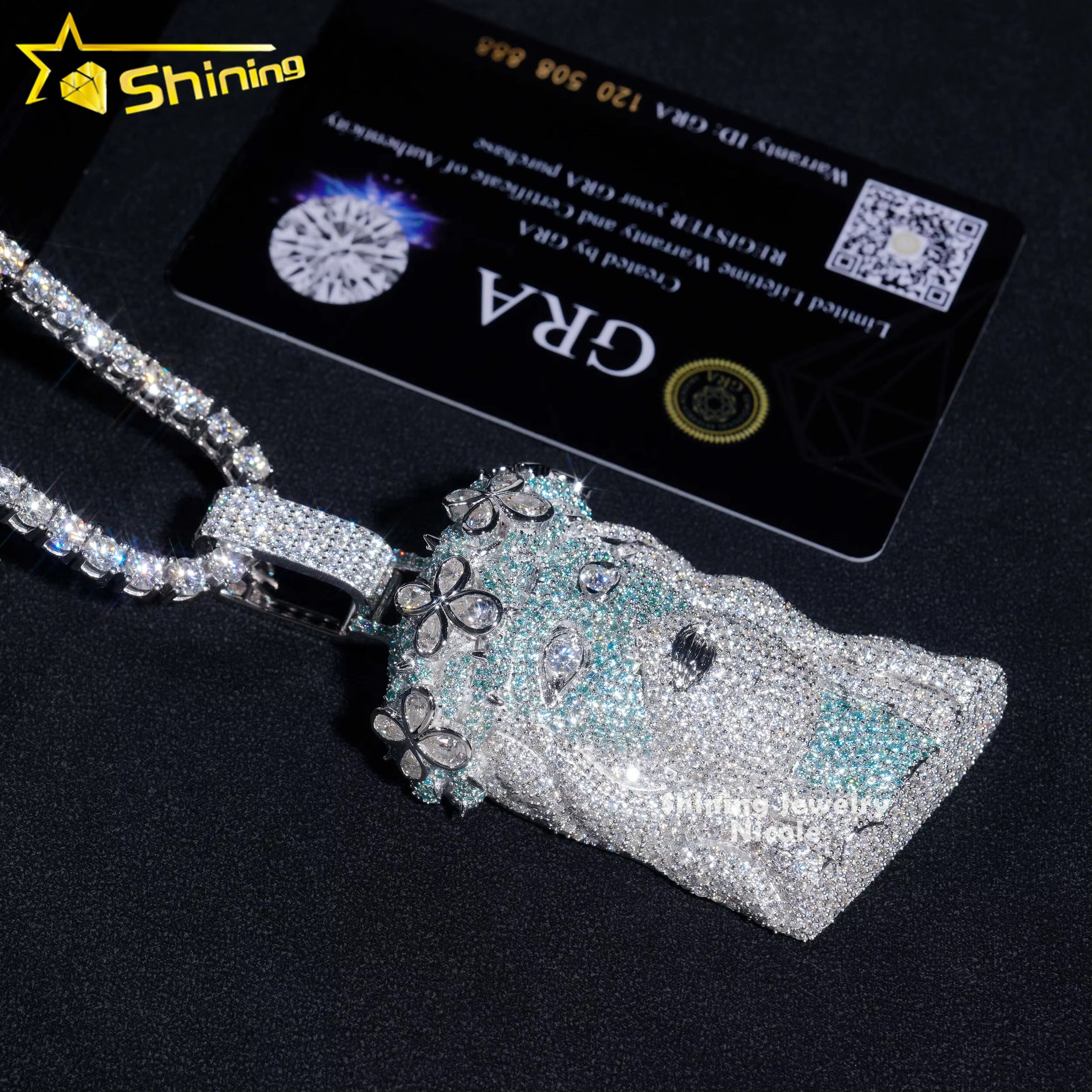 Hip Hop Style Blue Green Diamond Personalized 925 Silver Moissanite Jesus Head Pendant With Tennis Chain