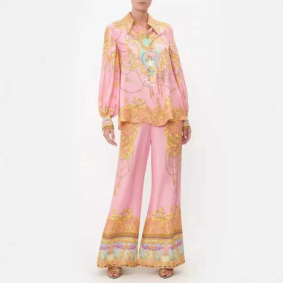 Two Piece Dress Summer Outfits 2025 Beach Wear Two Sets Of Women Cover Up Clothes Elegant Vacation Long Slved Printed Shirt Pants Leisure Y250315NJYS