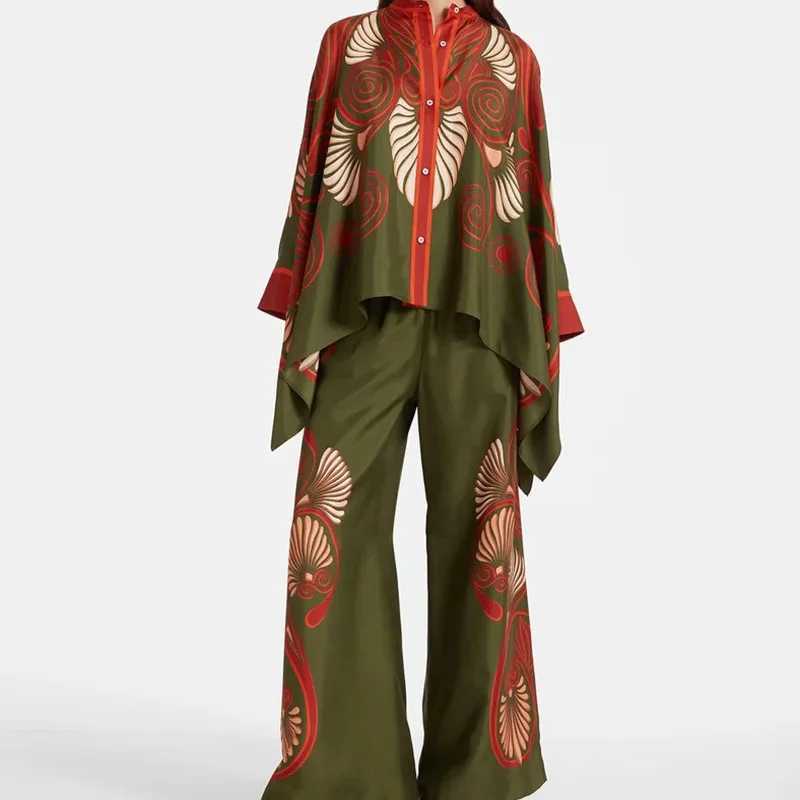Women's Two Piece Pants Fashion O-neck Button Long Slve Shirts Long Pant Outfits Women Elegant Pattern Print Loose Suits Casual Wide Legger 2Pc S