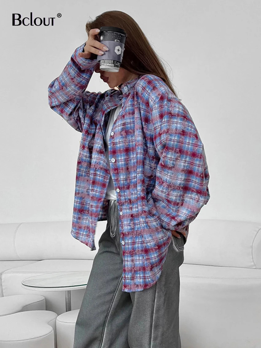 Bclout Fashion Plaid Purple Shirts Blouses Women Casual Cotton Long Sleeve Shirts Spring Loose Blouses Coats Streetwear Top 250314