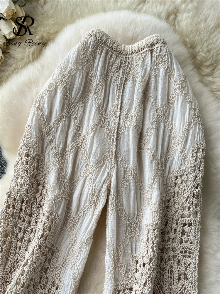 Korean womens knitted mens summer embroidered patchwork hollow outer elastic waist loose beach long leg pants 250314