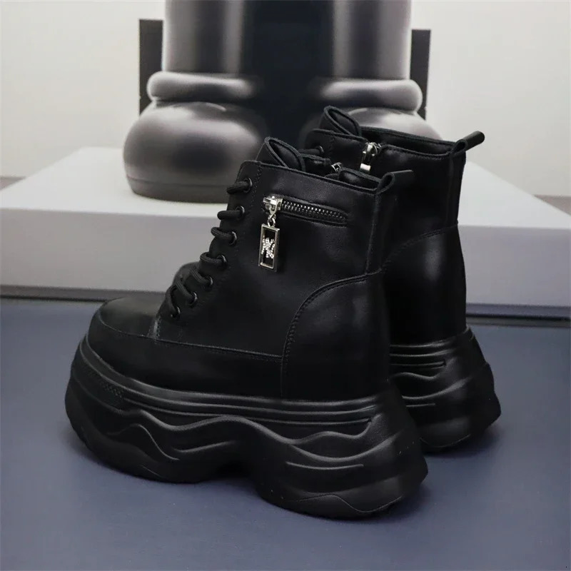 10cm 12cm Ankle Boots Platform Women Microfiber Leather Short Boots Round Toe Height Increasing Thick Sole Ladies Shoes Handmade 250310