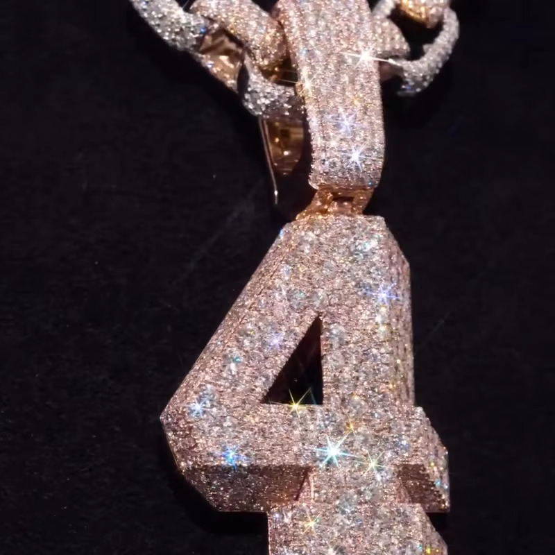 Custom Moissanite Jewelry 925 Sterling Silver Rose Gold Plated Hip Hop Moissanite 3D Number Pendant Cuban Chain Necklace