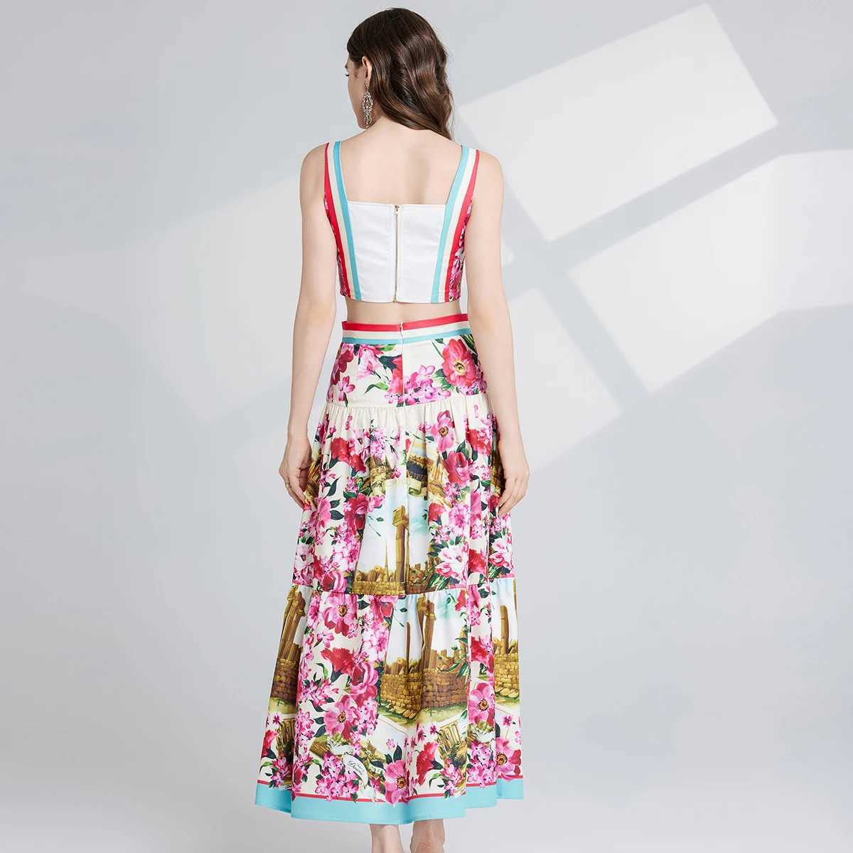 Two Piece Dress Summer Holiday Crop Tops Long Skirts Suits Women Two Piece Sets Flower Print Bustier Corset Tops A Line Midi Skirts 2pcs Outfits Y2503