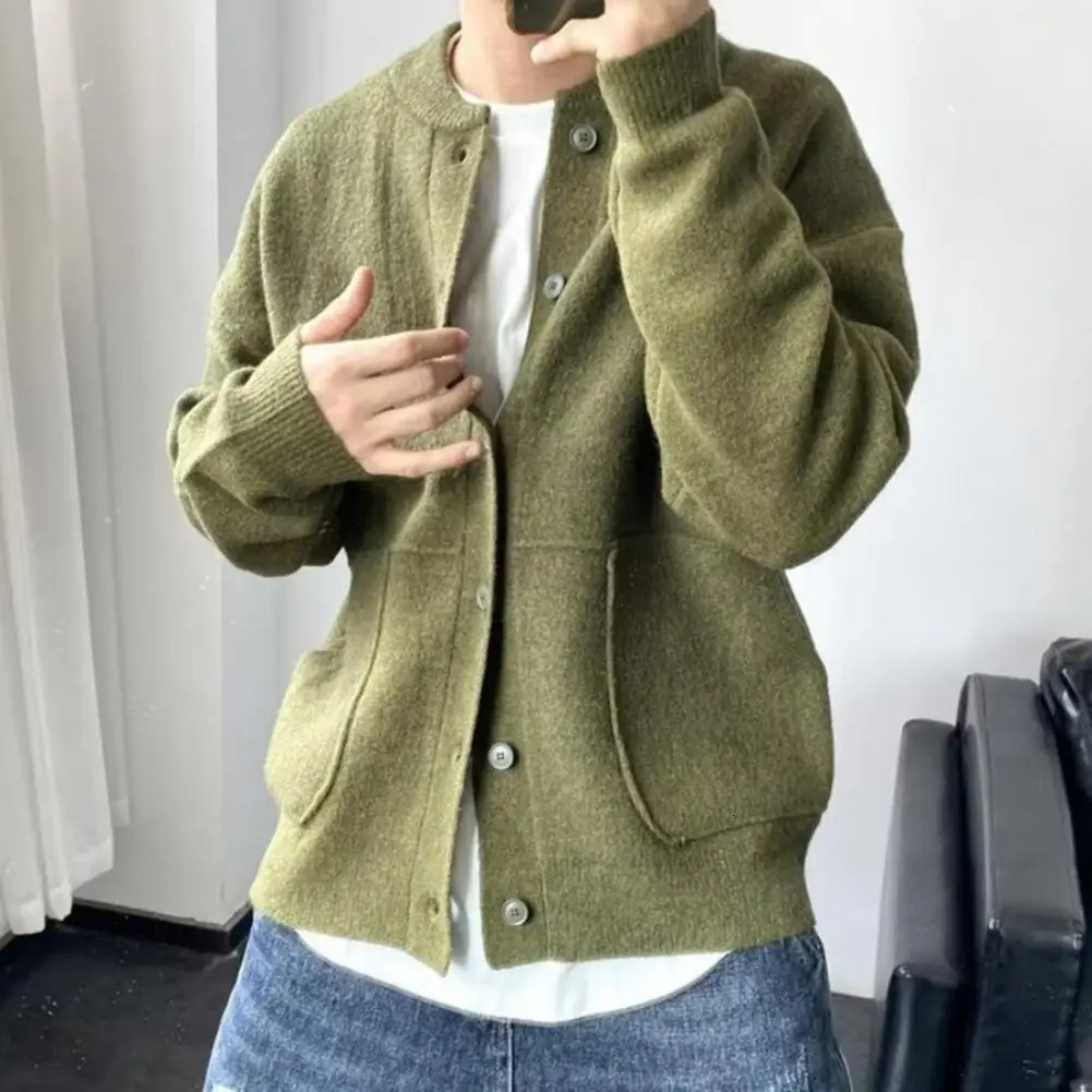 Mens Knitwear Round Neck Long Sleeves Singlebreasted Pure Color Cardigan Knit Coat Loose Daily Wear School Sweater Jacket 250311