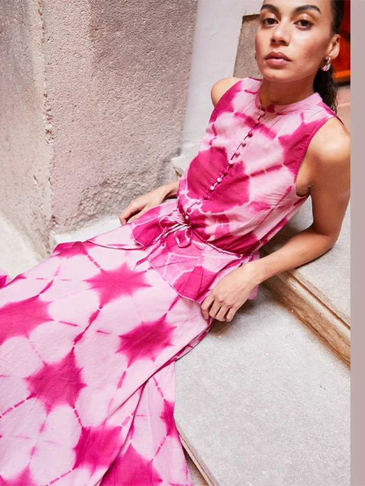 Two Piece Dress Fashion Print O-neck Single-breasted Vest Long Skirt Set Women chic Slvel Lace Up Top Suit New Lady Summer Strt Outfits Y250315ZCLE