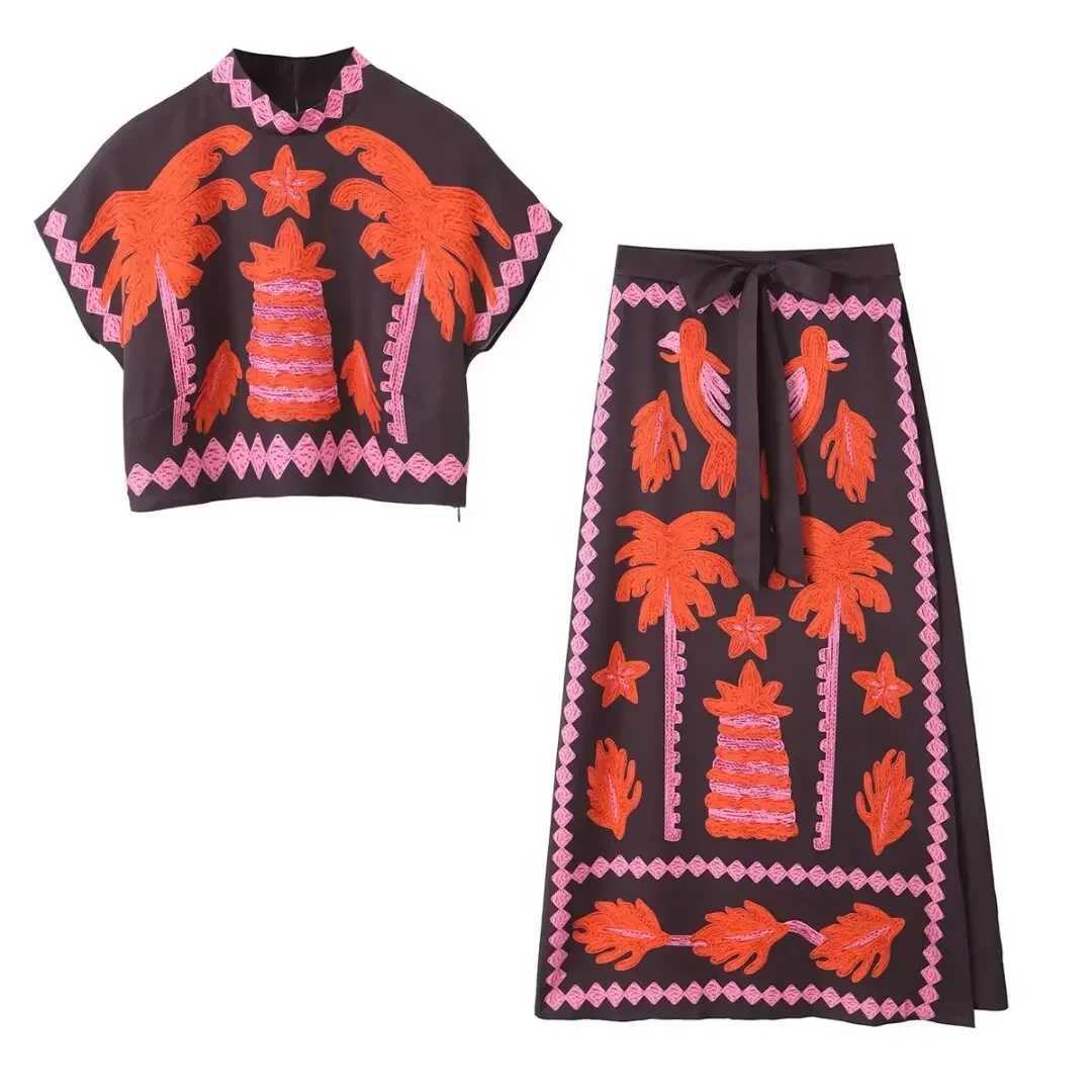 Two Piece Dress 2025 Female Summer Elegant Suits Back Hollow Button Decoration Print O-Neck Short Top+Bow Lace-up Side Zipper Skirt Mujer Y250315I9ZD