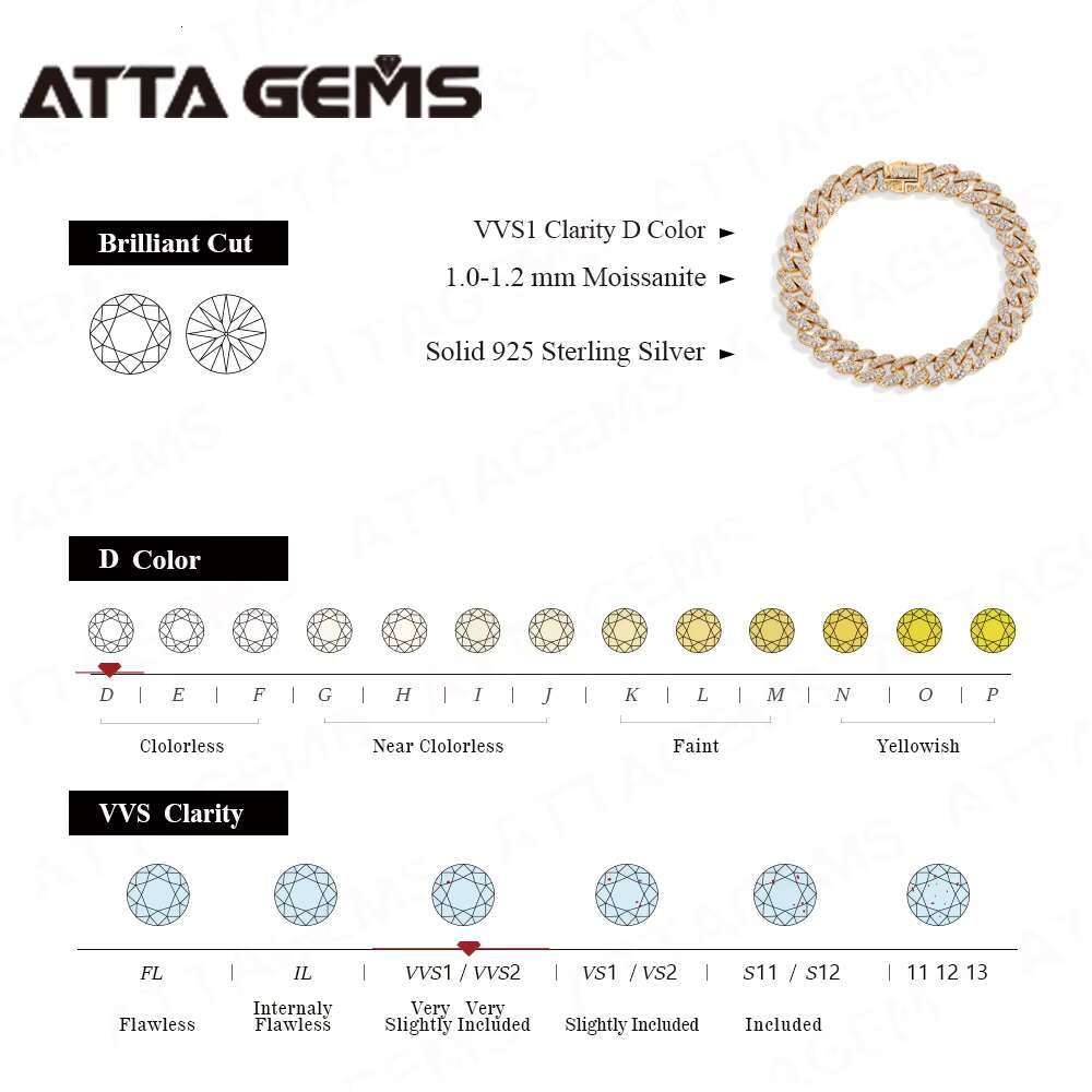 2025 New model ATTA Sterg Sier Full Moissanite Cuba Chain for Man Women WIth Gold Plated Tennis Bracelets Fine Jewelry