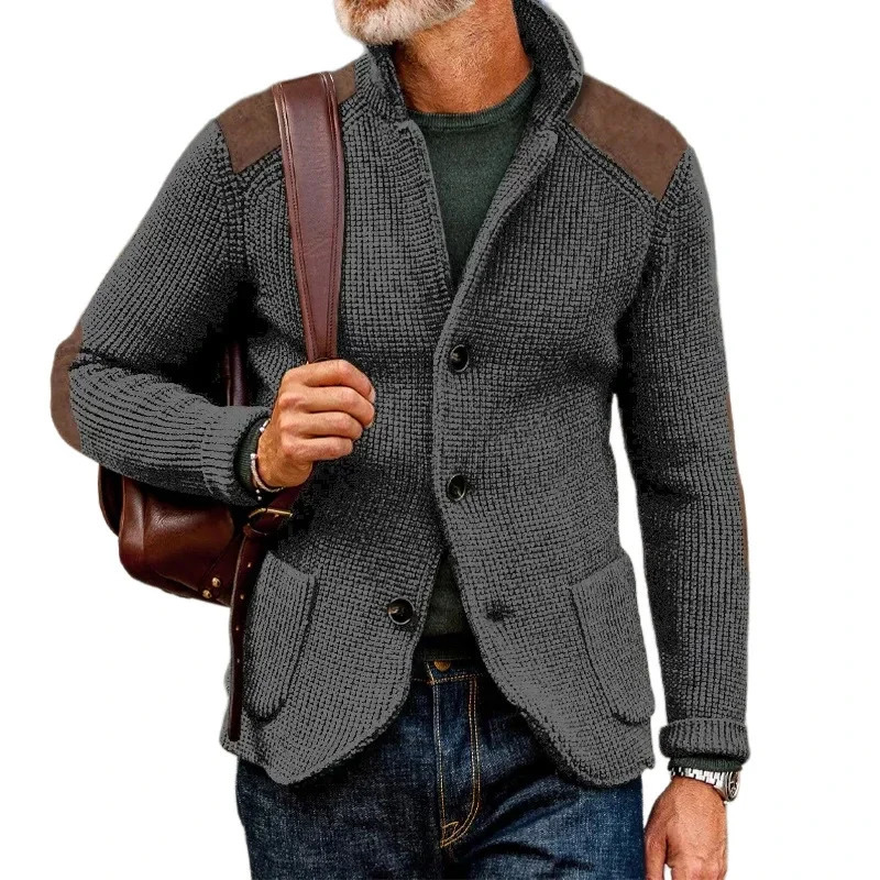 Vintage Patchwork Stand Collar Knitted Jackets Men Spring Casual Button Sweater Cardigan Mens Fashion Slim Knitting 250311