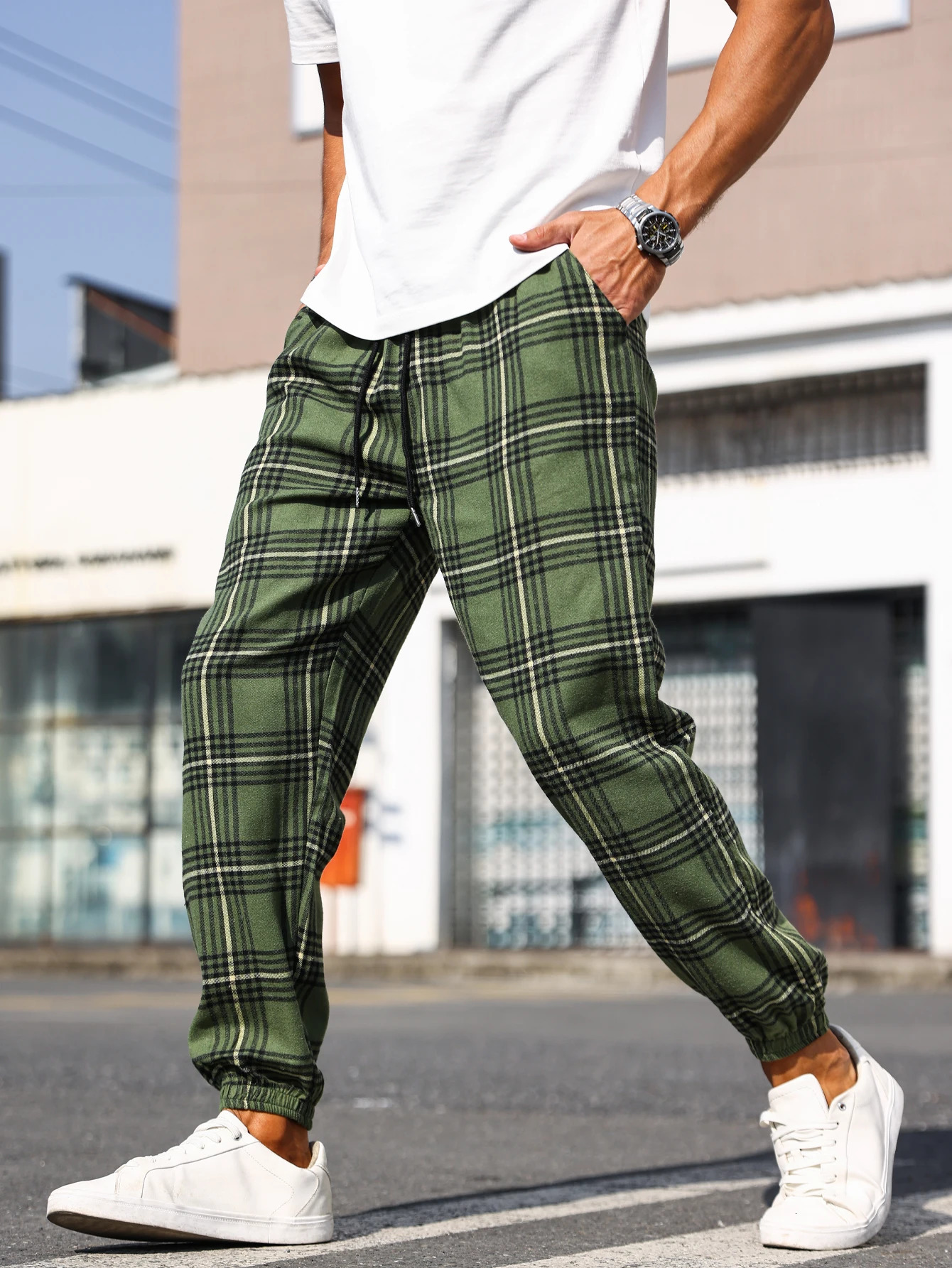 Mens Retro Casual Pants Plaid Pattern Jogging with Drawstring Street Outdoor Sports for Men Breathable SkinFriendly 250311