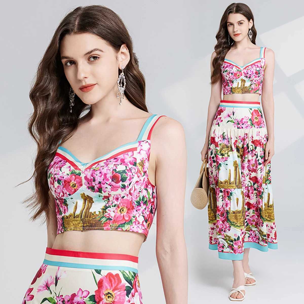 Two Piece Dress Summer Holiday Crop Tops Long Skirts Suits Women Two Piece Sets Flower Print Bustier Corset Tops A Line Midi Skirts 2pcs Outfits Y2503
