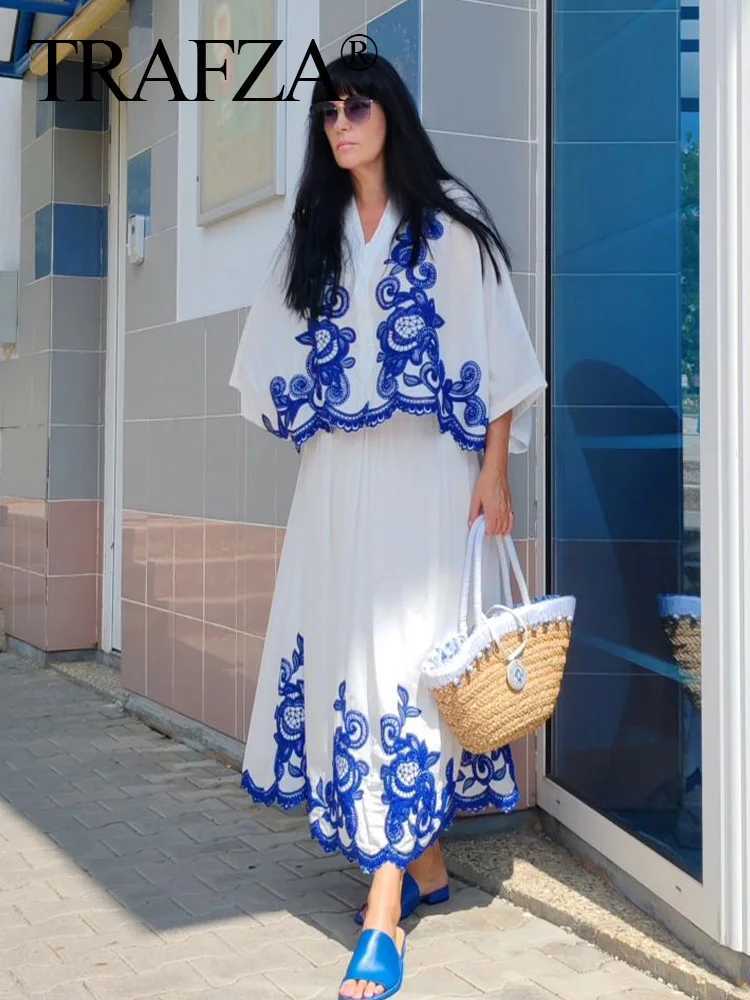 Two Piece Dress TRAFZA 2025 Women Skirt Set Blue Embroidery Single-Breasted V Neck Shirt +Folds High Waist Casual A Line Long Skirt Beach Style Y25031