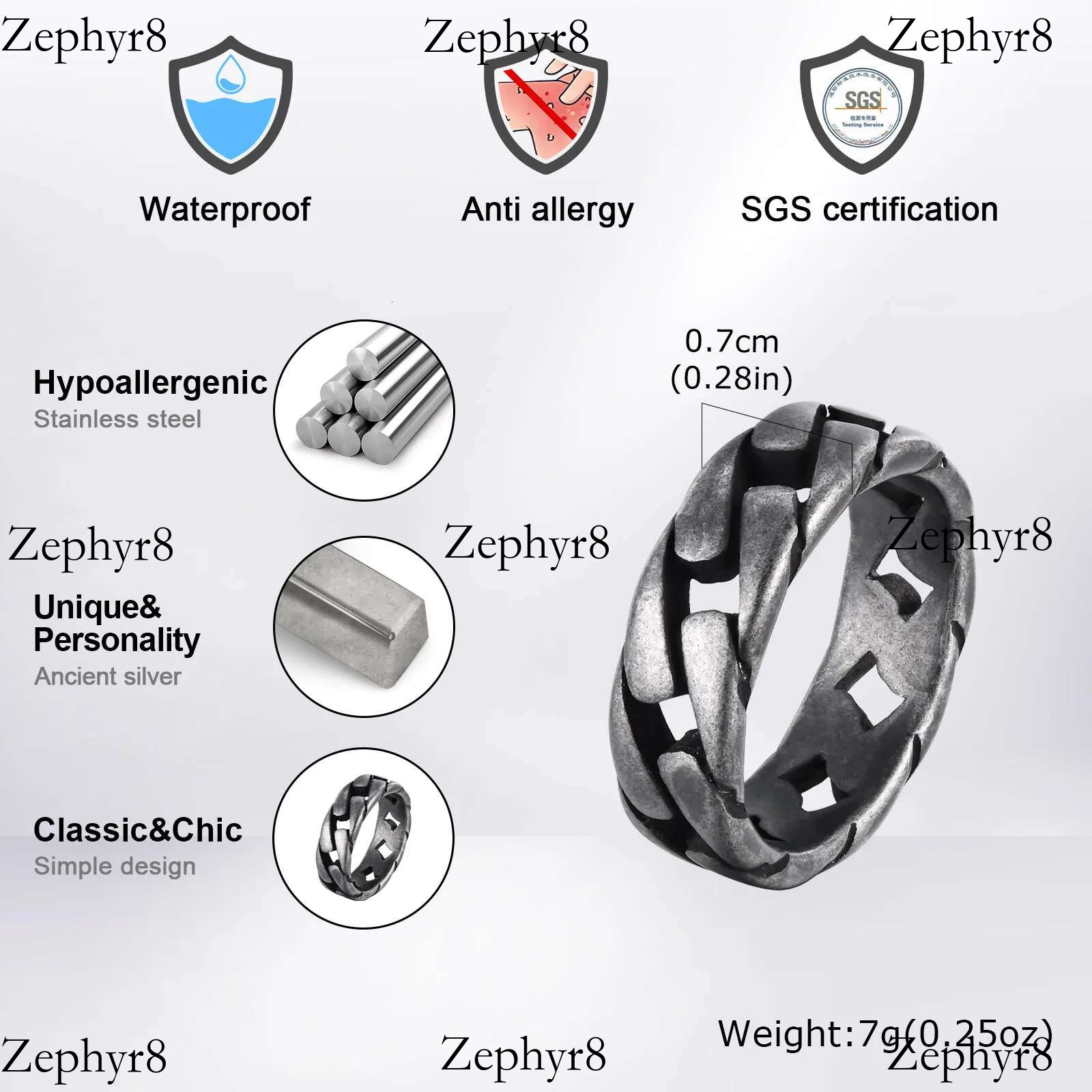 2025 New model 7MM Stainless Steel for Men Boys,Hollow Hard Curb k Chain Biker Ring Bands Ring,Stylish Jewelry Gifts