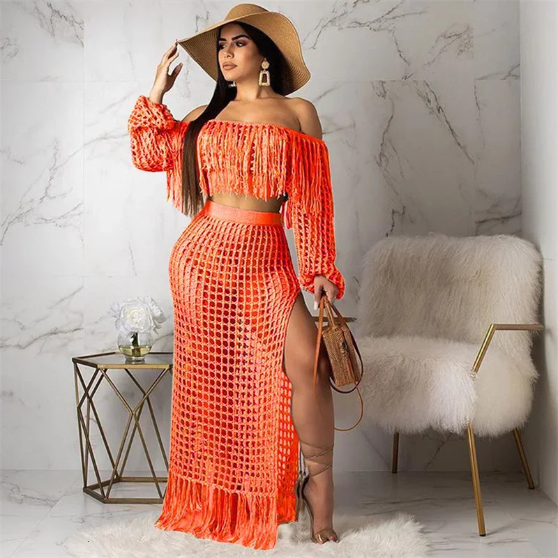 Sexy Fringed Tassel Summer Sets Outfits Women Beachwear Holiday Knit Crochet Hollow Out See Through Party Maxi Dress Vacation 250314