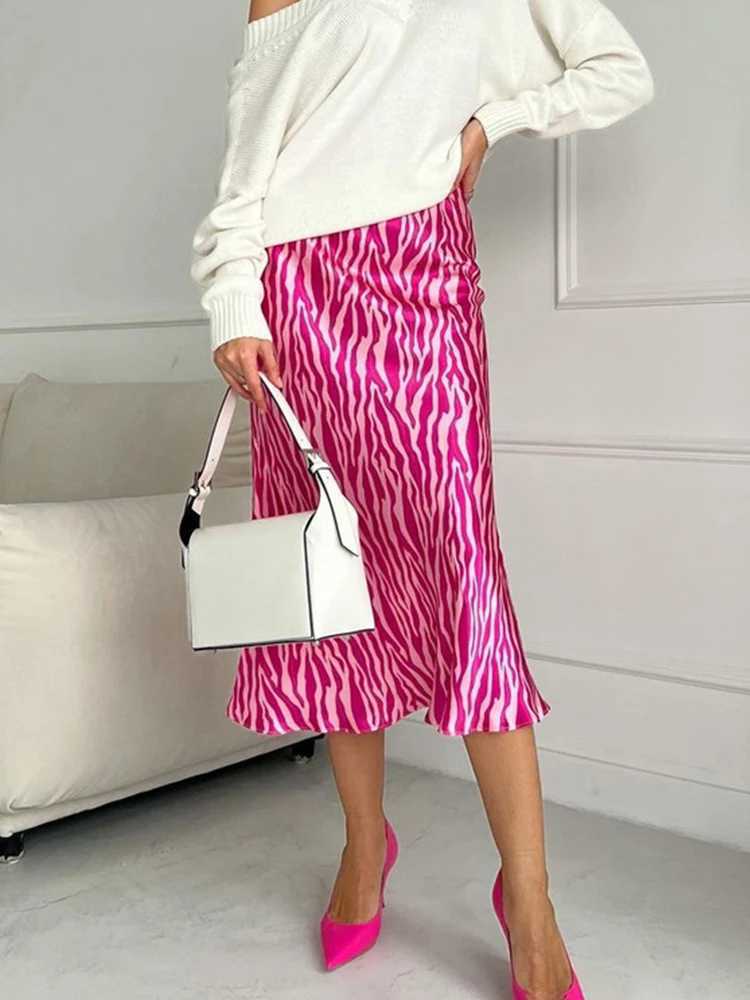 Skirts 2025 Summer Autumn Womens Elegant Midi Satin Dress Printed High Waist Office Womens Body Pencil Ultra Thin Dress Y250314A0HW