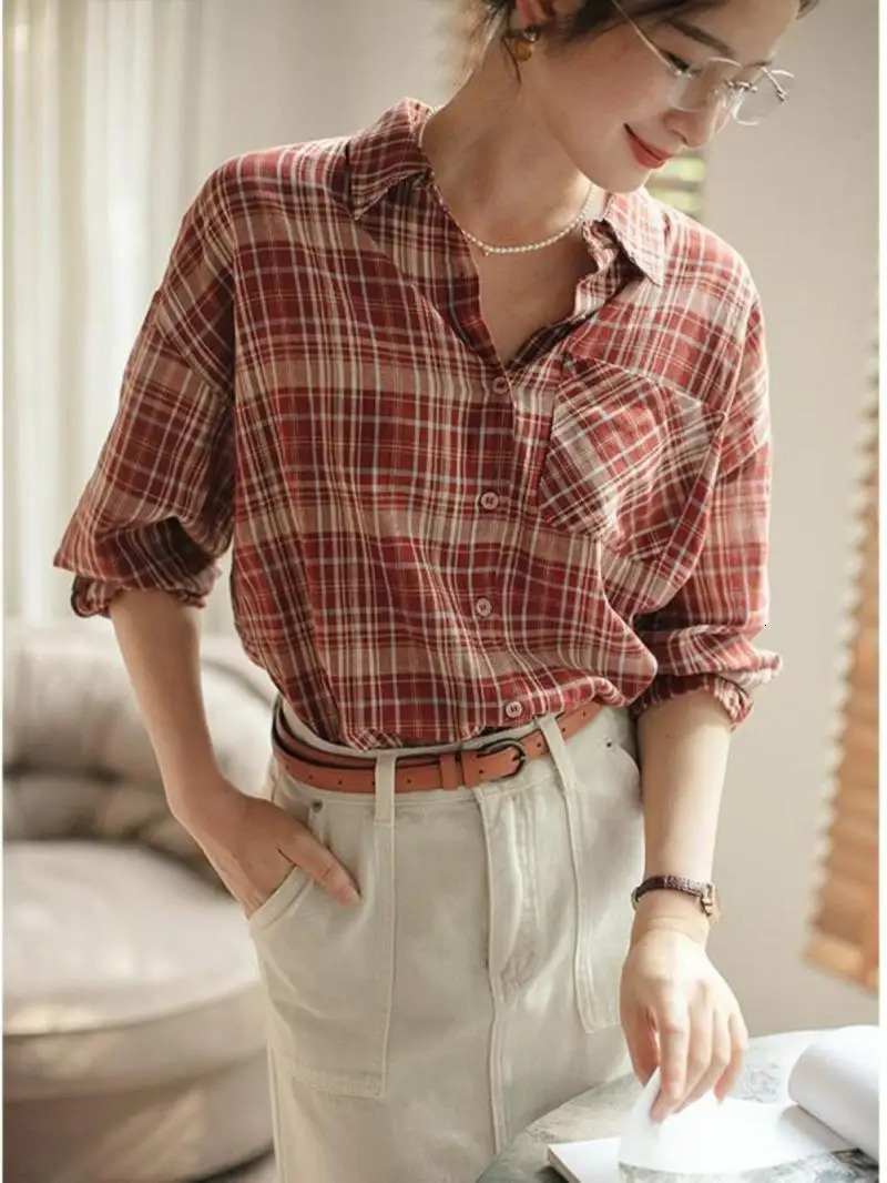 Red Plaid Shirt Women Long-sleeved Niche Spring and Autumn Casual Temperament Slim Shirt Cotton 250314