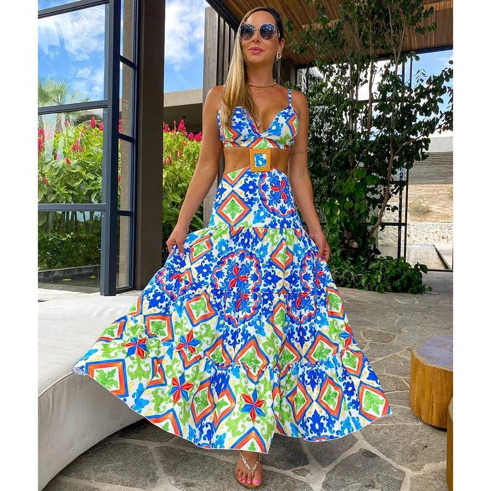 Two Piece Dress Dress For Women 2025 Printed Two-piece Elegant And Pretty Womens Dress Drawstring Halterneck Lacing Summer Long Dr Y250315LWDY