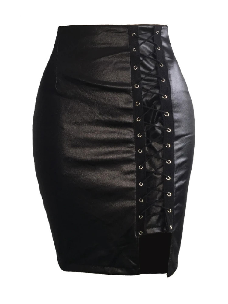 Sexy PU Leather Cross Bandage Split Mini Skirt Women Highwaist Slim Skirts Office Lady Bodycon Club Party 250312