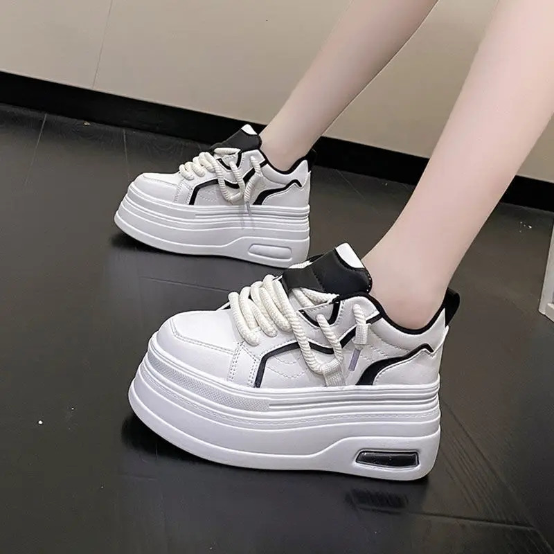 Fashion Platform Sneakers Women Spring Autumn Comfort Round Toe Lace-up 8CM Thick Bottom Black White Casual Sport Shoes 250310