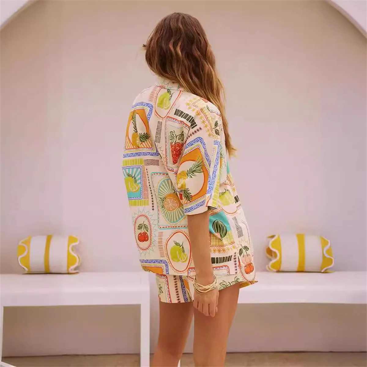 Women's Two Piece Pants Womens Geometric Printed Shirt Top and Pants Set Collar Shorts Sleve Pocket Shirt Elastic High Waist Shorts Beach Set 2-p