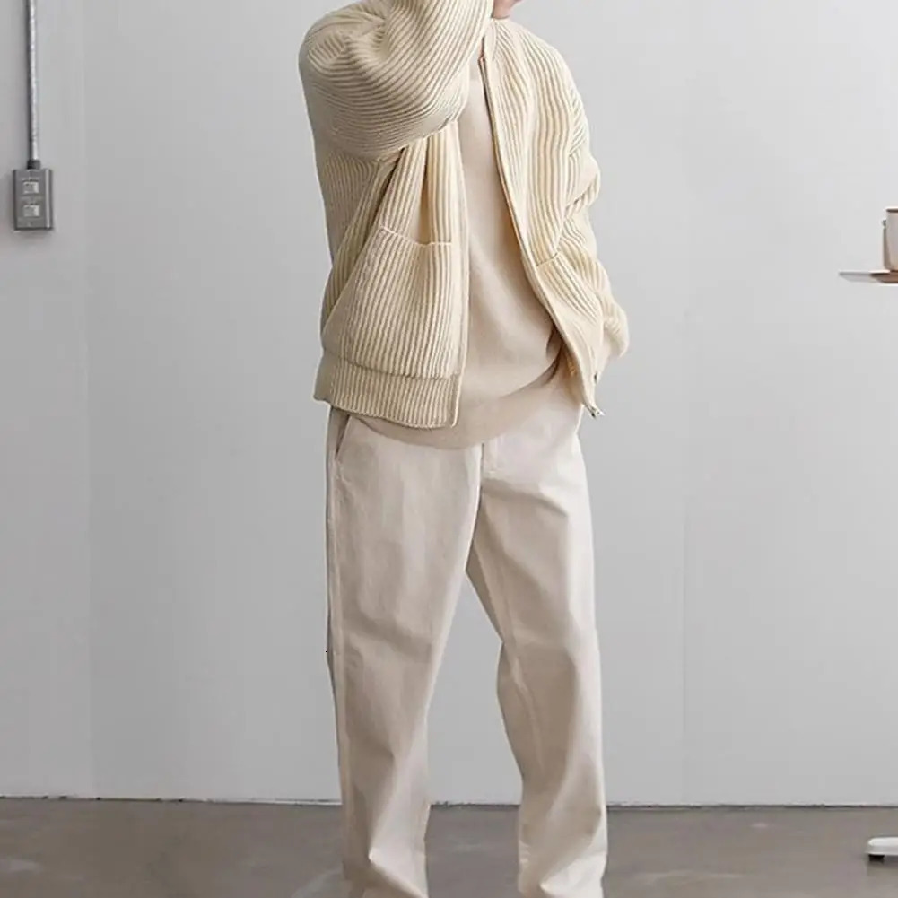 Men Zipper Pocket Cardigan Coat Sweater Mens Collarless Knitted with Placket Pockets for Autumn 250311
