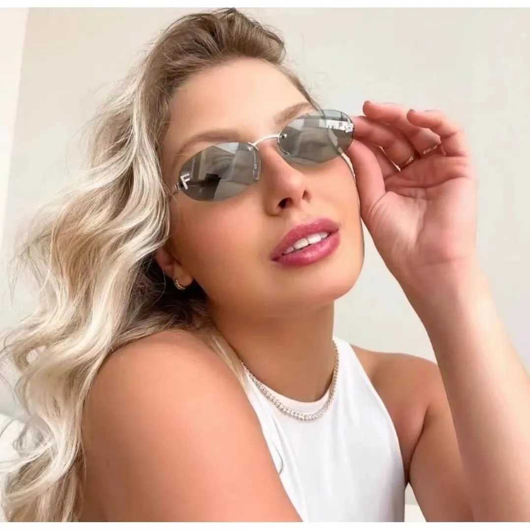 1/2/3PCS New Frameless Sunglasses Letter Diamond-set Oval Frame Fashion Trendy Small Frame Car Sunglasses 90902 Y250315