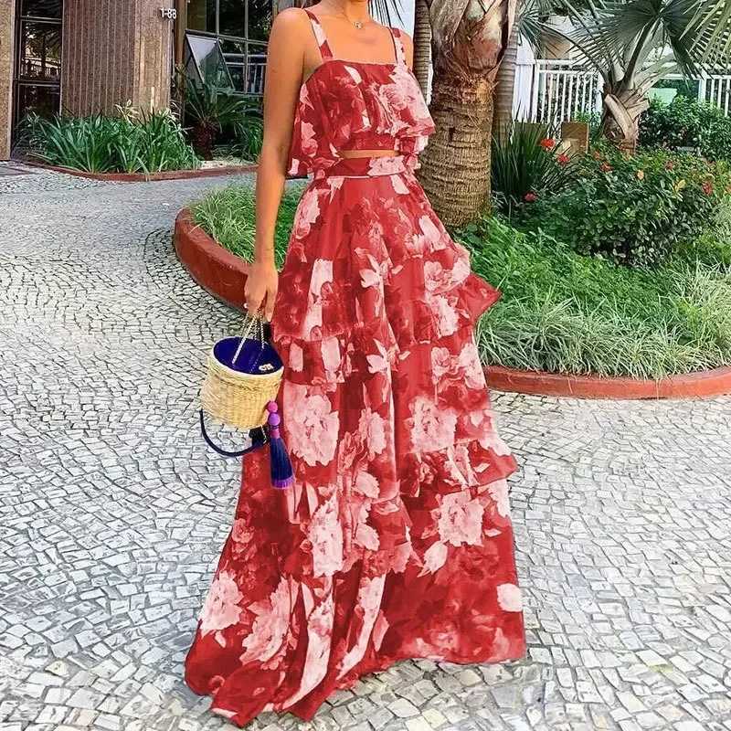Two Piece Dress Autumn New Beach Resort Style Printed Two-piece Suspender Top Cake Skirt Long Skirt Suit for Womens Two-pieces Set Y250315URN4