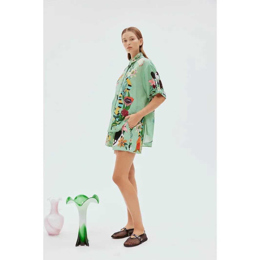 Two Piece Dress Fashion hemp rope pull flower Macaroon lapel shorts set 2025 new independent station Europe US cross-border Y250315E28X