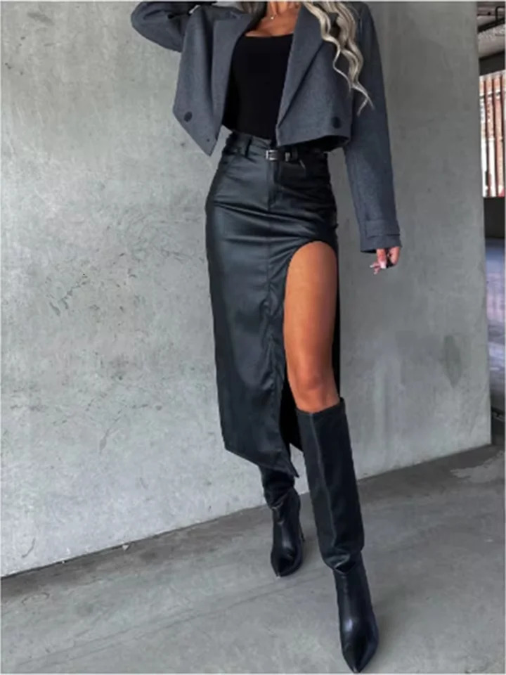 Womens Mid Pu Leather skirt solid Color slit sexy Hip Hugging High Street Party Fashion Punk Style Autumn Skirt 250312