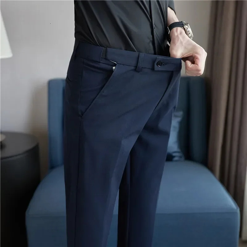 Men Suit Pants Plus Size 40 38 Autumn Solid Elastic Waist Dress Pants Men Slim Business Office Social Ankle Length Trousers 250314
