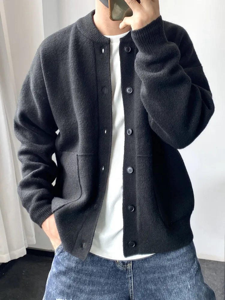 2023 Spring Light Fashion Cardigan Men Knitted Sweater Round Neck Jacket Loose Coat Boutique DressSimpleStyle 250311
