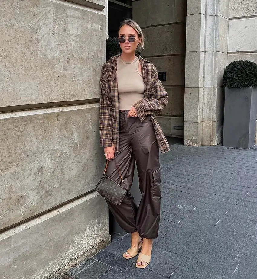 Womens Long Sleeve Blouse Loose Single Breasted Casual Shirt Spring Autumn Vintage Plaid Checkered 250312