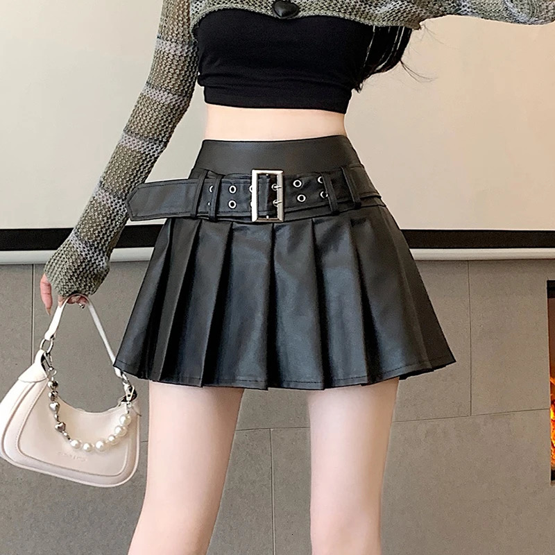 Womens Gothic Aline Pleated Leather Mini Skirt Y2k Punk Shorts Skirts Harajuku Korean Emo 2000s Vintage Clothes Summer 250312