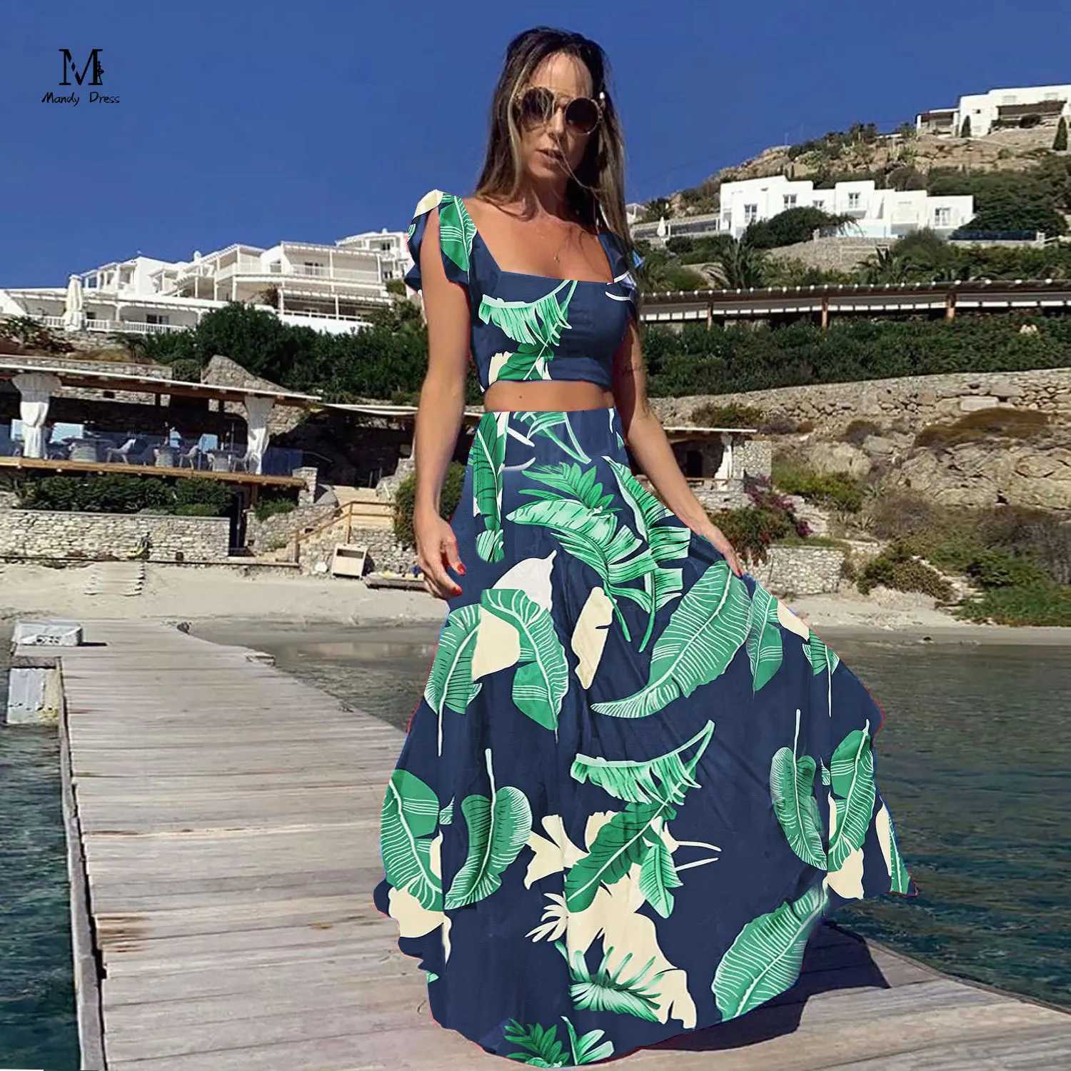 Two Piece Dress Elegant womens two-piece skiing set with floral print vest ultra-thin suitable for beach wear summer casual bohemian style 2-piece set