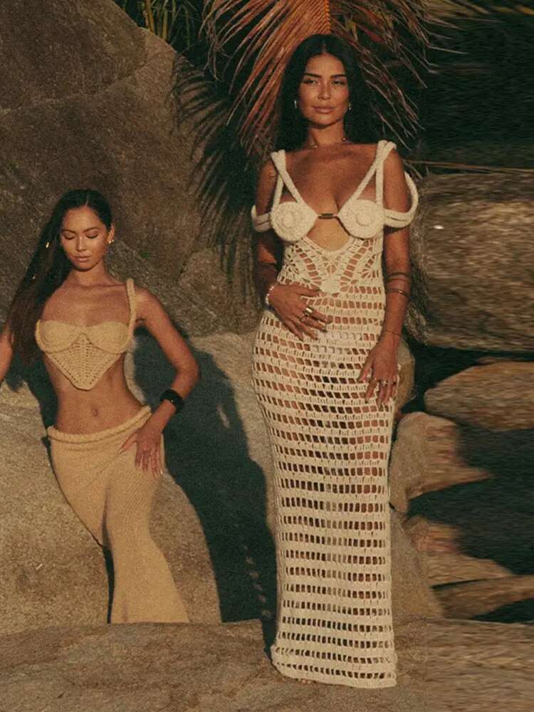 Crochet Weave Halter Dress Hollow Out Sexy Suspender Knit Hook Wer Vacation Bikini Cover Up Long Beach Dresses Backless Robes