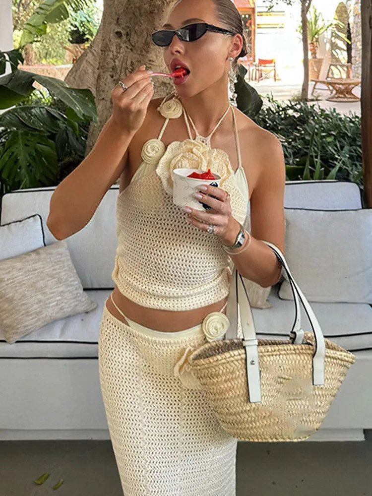 Chic 3d Flowers Sleeveless Halter Lace Up Knit Tops Suit Sexy Hollow Out See Through Slim Printed Skirt Set 2025 Vacation Outfit 250314