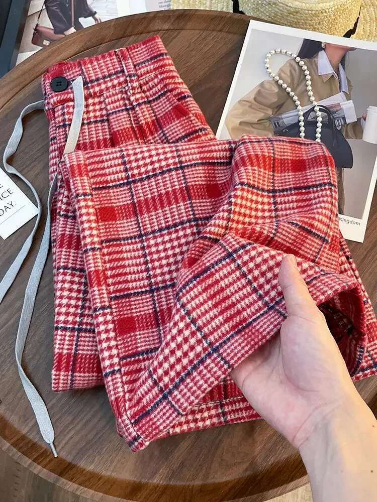 2025 New Checkered High Waist Women's Pants Designer Fashion Drawstring Wide Leg Pants Loose Retro Pants4