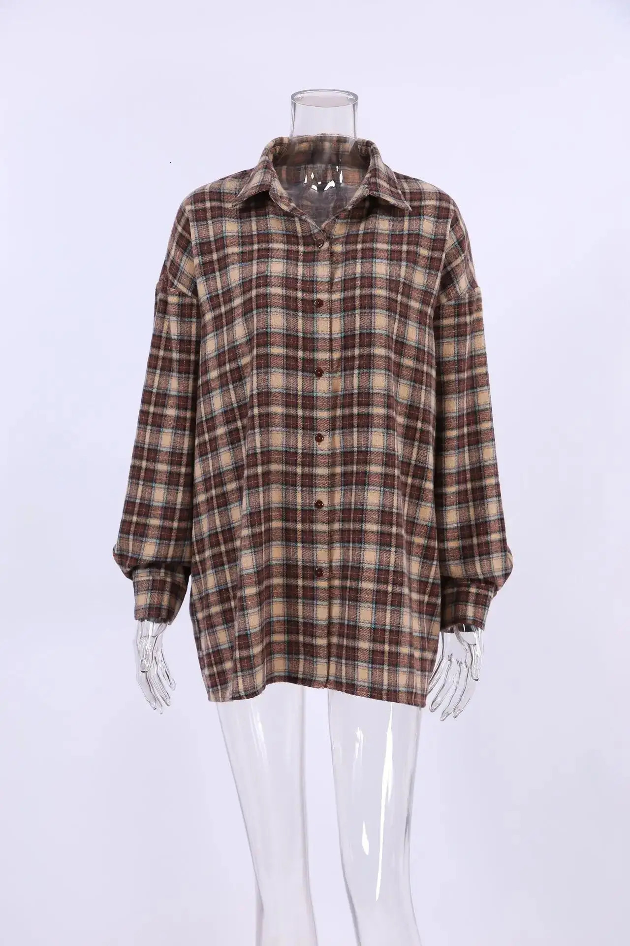 Womens Long Sleeve Blouse Loose Single Breasted Casual Shirt Spring Autumn Vintage Plaid Checkered 250312